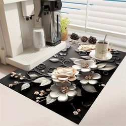 TEMU 1pc 3d Absorbent Mat - Soft Silica Gel Non-slip Quick-dry Kitchen Counter Mat, Elegant Black & White Flower Pattern For Coffee Machine, Bowl, Dishes - Home Kitchen Essentials