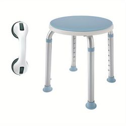 TEMU 360° Rotating Adjustable Shower Stool With Suction Cup Handles - Height 14.56.86 Inch, Lightweight & Bath Chair For Seniors & Disabled, Aluminum Frame, Blue Seat & White Metal Legs