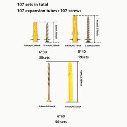 TEMU 214pcs Durable Yellow Plastic Expansion Screw Anchors Set, 107pcs Plastic Wall Anchors And 107pcs Screws, In M6*30, M8*40, And M6*60 Sizes