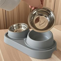 TEMU Stainless Steel Dual Pet Bowl Set - Non-slip Base, Easy-clean And Cats - Food And Water, Prevents , Cat Bowl With Ramp, Pet Essentials|modern Pet Accessories|durable Construction, Pet Bowl