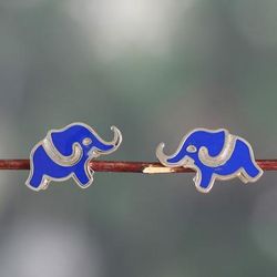 'Elephant-Themed Blue Enamel Sterling Silver Button Earrings'