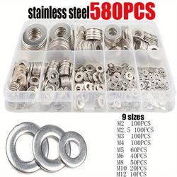 TEMU 580pcs, Stainless Steel Washer Plain Washer Kit Screw Fastener Hardware Assortment Accessories M2/m2.5/m3/m4/m5/m6/m8/m10/m12