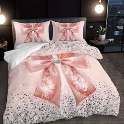 TEMU 2/3pcs Pink Bowknot Lace Glitter Duvet Cover Set (1 Duvet Cover + 1/2 Pillowcases Without Inserts), Home Dormitory High-definition Printing