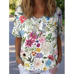 Per donna Maglietta Floreale Grafico Piante Vintage Elegante Classico Manica Corta Scollo a V Top Regolari Quotidiano Weekend Stampato Bianco Giallo Blu Verde Estate