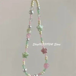 Korean Cute Green Pink Flower Beaded Phone Charms Chain For Phone Accessories Phone Strap Anti-Lost Sweet Lanyard Hanging Rope