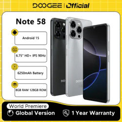 Global Version DOOGEE Note 58 Smartphone 32GB(8+24) 128GB 6.75" HD+ 90Hz Screen 6250mAh Battery Octa Core Processor Android 15
