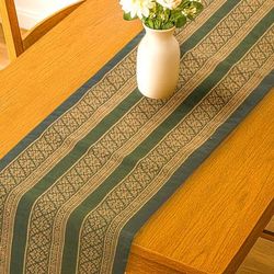 Golden Jungle,'Traditional Green and Yellow Cotton and Silk Table Runner'