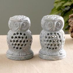 '2 Owl-Shaped Openwork Hand-Carved Soapstone Tealight Holders'
