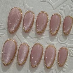 TEMU 10pcs Handmade Purple Cat-eye Glossy Press-on Nails - Almond Shape Medium Length False Nails With 3d & Metallic Golden Accents For Elegant Manicure