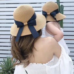Chapeau de paille avec nœud papillon pour femme, chapeau parent-enfant, couronne de fleurs, extérieur, plage, voyage, pare-soleil, casquettes de soleil, nouveau, été, E27