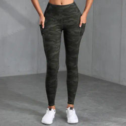 Camouflage Print Women High Waisted Pocket Pants Sports Suitable For Running, Fitness, Yoga, Outdoor, Squat-Proof Leggings