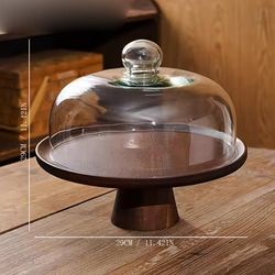 TEMU Acacia Wood Cake Stand With Glass Dome - Versatile Display For Desserts, Mousse, Cupcakes & More - High-quality Serving Platter For Home, Kitchen, Restaurant