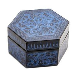 Blue Floral Hexagon,'Blue and Black Thai Lacquered Wood Decorative Box'