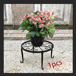 TEMU Sturdy Rust-resistant Metal Plant Stand - Round Design For Indoor/outdoor Garden Pots, Blue Glazed Pot With Green Leaves, Balcony Or Patio Decor