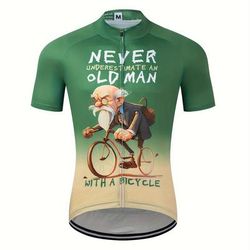 TEMU Men's Short-sleeve Cycling Jersey With ' Old Man' Cartoon Design, Featuring A Full Zipper, Quick-dry Fabric, Breathable For Road Biking, And Equipped With Rear Pockets For Outdoor Sports.