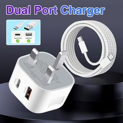 TEMU Usb C Fast Charger 21.5w, Wall Charger With 1.5m Type C Cable, Dual Port Usb C Adapter Usb Charging Brick Plug For Iphone 16/16 Pro/16 Pro Max/16 Plus/15 Series, For Ipad, For Airpods