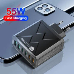 6 in 1 55W PD USB Charger Fast Charging Quick Charge 3.0 Travel Charger For iPhone Samsung Huawei Xiaomi Mobile Phone Charger