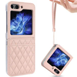 VIETAO Leather Card Slot Mobile Phone Case Compatitable With Samsung Galaxy Z Flip 6 5 4 Case With Hand Wristband Strap, Pink