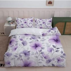TEMU 3pcs Purple Floral Print Bedding Set - White Background With Large Flowers (1duvet Cover + 2pillowcase, Without Core) - Modern Bedroom Decor