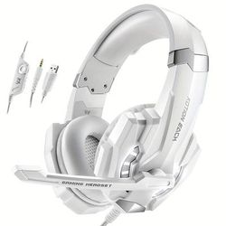 TEMU With Led Light, Wired Gaming Headset, Noise Isolation Earplugs, 3.5mm Jack, Broadcasting Microphone, Volume Control, For Pc, Laptop, Console Controller, White And Blue