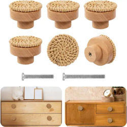 Boho Rattan Dresser manopole in legno Hardware tira manopole per armadietto tessuto e viti in vimini fatti a mano