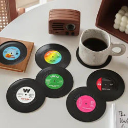 6pcs Vinyl record Beverage Cup Bottoms with Gift Box Vintage Color Disc Pattern with Interesting Labels Prevent Furniture From