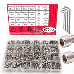 TEMU 670pcs Stainless Steel Allen Screw And Bolt Combination Set - M3, M4, M5, M6 Hex Head - Includes Flat Washer Wrench