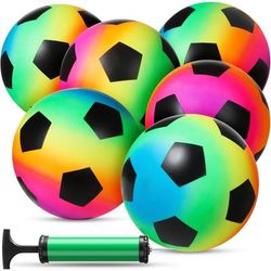 TEMU Rainbow Football Pack Of 6 Plastic Football, Beach Ball Ideal For Family Games, Kids , Easy To Inflate, Lightweight Playground Ball Outdoor Fun For Boys And Girls (6x Footballs With 1 Pump)