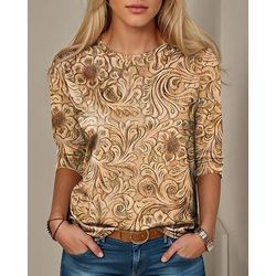 Maglietta da Donna a Manica Lunga Collo Rotondo Maglietta Tunica Floreale Grafica Piante Vintage Elegante Stile Classico Top Regolari Giornaliera Stampa Gialla Beige Preautunno