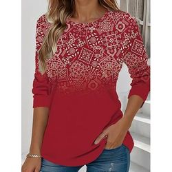 Maglietta da donna a maniche lunghe con collo rotondo tunica floreale grafica piante vintage elegante classica top regolari stampa quotidiana fine settimana rossa blu reale blu grigiastro arancione