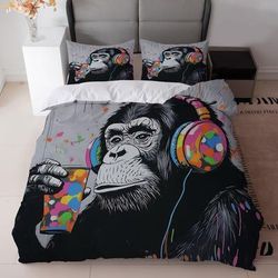 TEMU 3pcs Black And White Monkey With Headphones Bedding Set + Colorful (1duvet Cover + 2 Pillowcases, Without Core) - Ideal For Modern Bedroom Decor