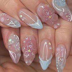 TEMU Upgrade Your Look With 24pcs Almond-shaped Elegant And Minimalist 3d Floral False Nails. Suitable For All Women And S, The Box Includes Jelly Glue And A Nail File For Easy Application
