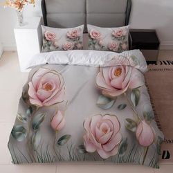 TEMU 3pcs Luxury Bedding Set Grey With Pink Rose Floral Print (1duvet Cover + 2 Pillowcases, Without Core) For Bedroom Decor