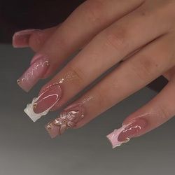 TEMU 24pcs Of Long Pink-golden 3d Flower Fake Nail Stickers With Water , A Fairy-like Goddess Vibe For Beautiful Nails.