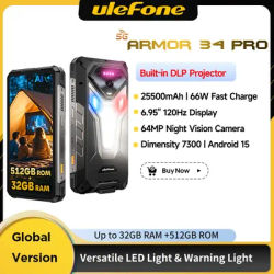 Ulefone Armor 34 Pro 5G AI 25500mAh Rugged Phone Smartphone Android 15 32GB+512GB Built-in DLP Projector 6.95" NFC Mobile Phone
