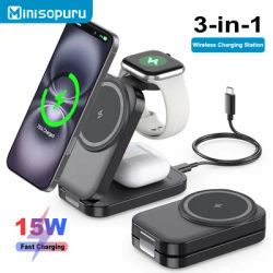 Minisopuru Stazione di ricarica wireless 3 in 1 Supporto per caricabatterie rapido magnetico pieghevole da 15 W per iPhone 16 15 per Apple Watch AirPods