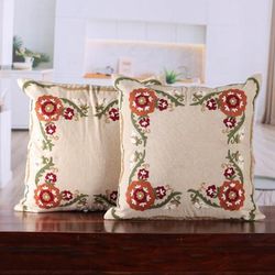 Floral Symphony,'Pair of Embroidered Cotton Cushion Covers with Floral Theme'