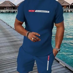 TEMU Casual Sports Suit Breathable Outdoor Casual Men's T-shirt And Five-pants Set Summer 3d Printing Set For Adult Men