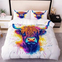 TEMU 3pcs Watercolor Splash Ink Painting Print Comforter Set, New Year Pattern,highland Cow Theme,high- Bedding Set, (two Pillowcases + 1 Quilt Cover, No Core)