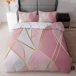 TEMU 3pcs Modern Geometric Pink And White Bedding Set With Golden Lines (1duvet Cover + 2pillowcase, Without Core) - Bedroom Decor