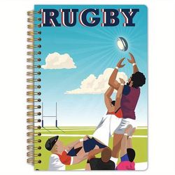 TEMU 1pc Rugby-themed Spiral Notebook With Vibrant Art - 50 Pages, 5.5x8.3 Inches, Durable Spiral Binding For Diary, Planning, Office & Study - Perfect Gift For Rugby Fans