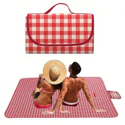 Picnic Blanket 140×190cm Beach Mat Washable Lightweight with Handle Red Checkered for Hiking Travelling Outdoor Camping Parks