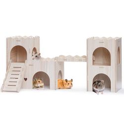 TEMU Large Wooden Hamster Castle, Double Layer, Multi-compartment Hideaway And Ladder, Suitable For Hamsters