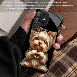 TEMU Black Tempered Glass Phone Case With A Small Dog And For Models, Featuring A Minimalist And Popular Couples.