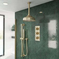 Randolph Morris Tranquil Rainfall Shower Set with Tranquil Rainfall Shower Head, Metal Cross Valve, Grab Bar and Round Handshower - Brushed Brass RMAS-3TMC-RHC-HSW-BB