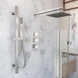 Randolph Morris Tranquil Rainfall Thermostatic Shower Set with Square Showerhead, Square Handshower, Sqaure Valve, and 6 Sqaure Body Jets - Chrome RMAS-3TSQ-SQH-HSSQ-6BSQ-C