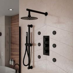 Randolph Morris Tranquil Rainfall Thermostatic Wall Mounted Shower Set with Round Showerhead, Round Handshower, Round Valve and 6 Round Body Jets - Matte Black RMAS-3TR-RH-HSW-6BSR-MB