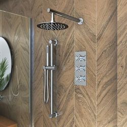 Randolph Morris Tranquil Rainfall Wall Mounted Shower Set with Tranquil Wall Mounted Rainfall Shower Head, Metal Cross Valve, Grab Bar and Round Wand Handshower - Chrome RMAS-3TMC-RH-HSW-C