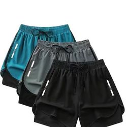 TEMU 3pcs Unisex Athletic Shorts - Breathable, Stretchy Polyester Blend For Running & Fitness, Solid Colors (navy Blue, Gray, Black), Adjustable Drawstring Waist, Machine Washable
