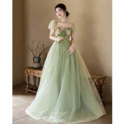Robe de soirée brodée de fleurs pour femmes, vert menthe, col carré, mode forêt légère, robe de spectacle d'hôte de luxe, nouvelle collection été